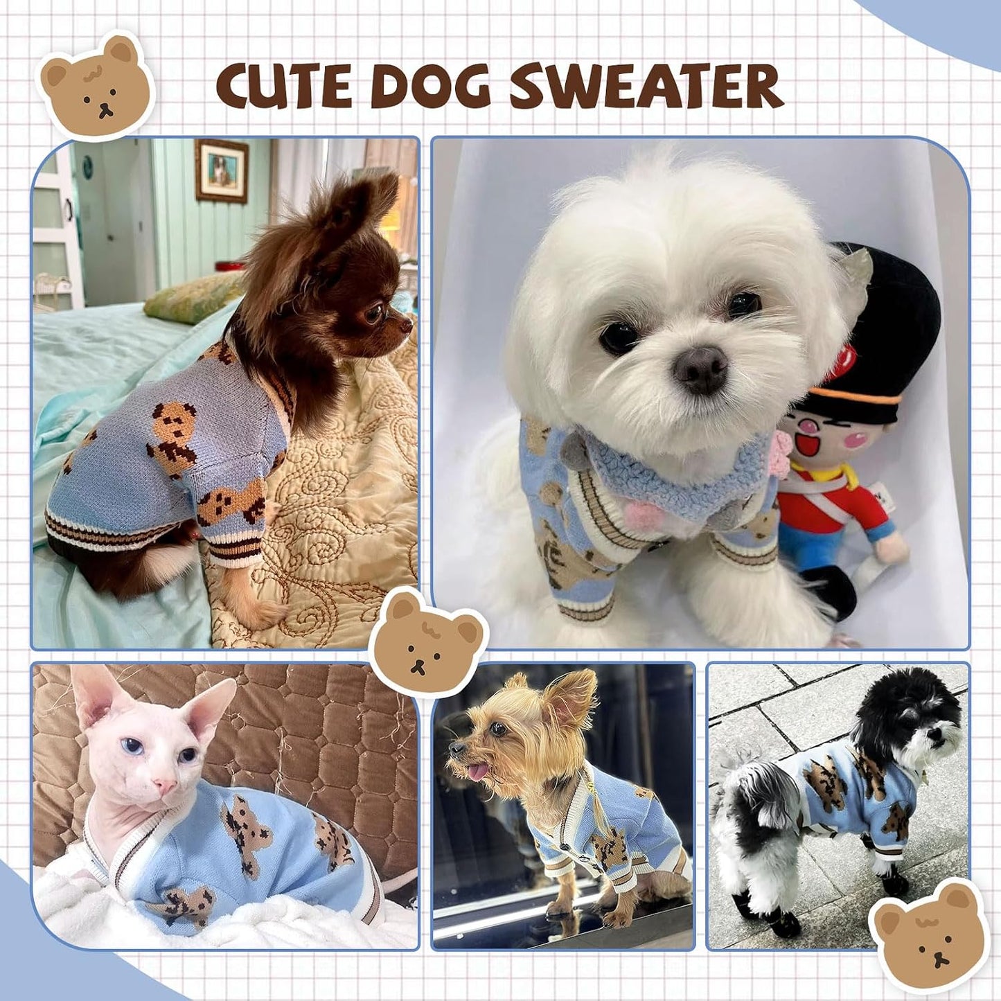 Dog Sweaters Cute Bear Knitted Dog Clothes for Small Medium Dogs Soft Pet Puppy Cat Knitting Outfits Fall Winter Warm Boy Girl Dogs Knitwear Coat Apparel（Blue,Small）