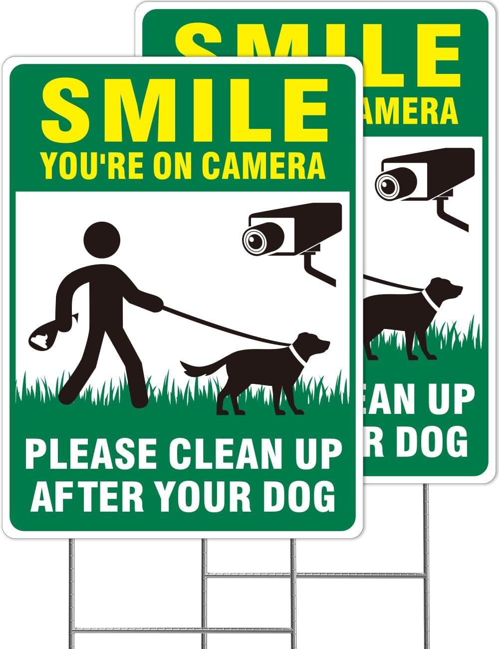 Clean up after Your Dog Signs, 2-Pack 13"X10" Double-Sided Pick up after Your Dog Sign with Metal Stake, Smile Your on Camera Signs, No Dog Poop Signs for Yard