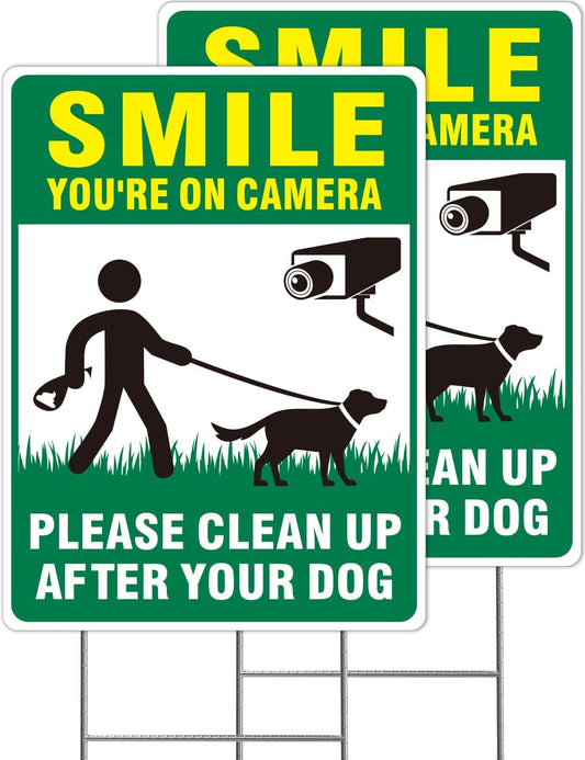Clean up after Your Dog Signs, 2-Pack 13"X10" Double-Sided Pick up after Your Dog Sign with Metal Stake, Smile Your on Camera Signs, No Dog Poop Signs for Yard