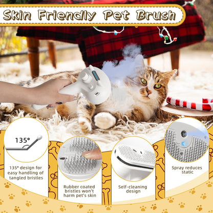 3-in-1 Steam Cat Brush with Spray for Long and Short Hair Cats and Dogs, Featuring Release Button for Loose Fur Removal and Massage