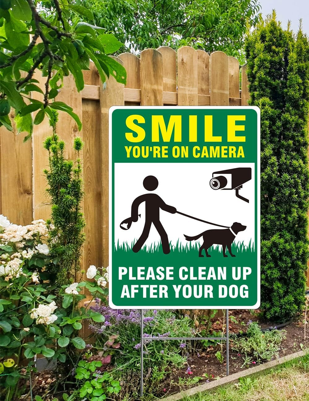 Clean up after Your Dog Signs, 2-Pack 13"X10" Double-Sided Pick up after Your Dog Sign with Metal Stake, Smile Your on Camera Signs, No Dog Poop Signs for Yard