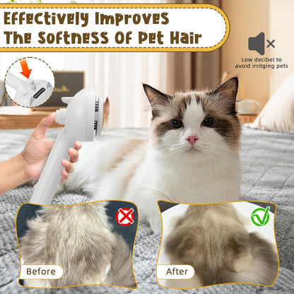 3-in-1 Steam Cat Brush with Spray for Long and Short Hair Cats and Dogs, Featuring Release Button for Loose Fur Removal and Massage