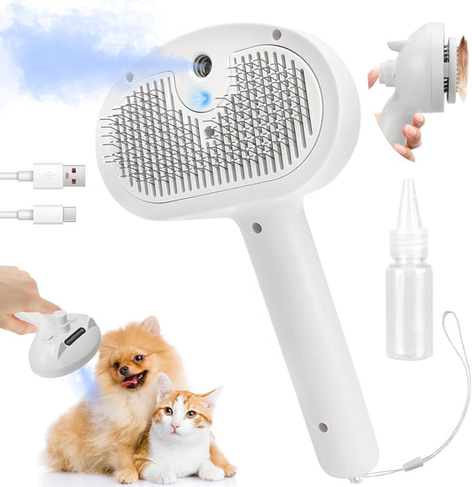 3-in-1 Steam Cat Brush with Spray for Long and Short Hair Cats and Dogs, Featuring Release Button for Loose Fur Removal and Massage