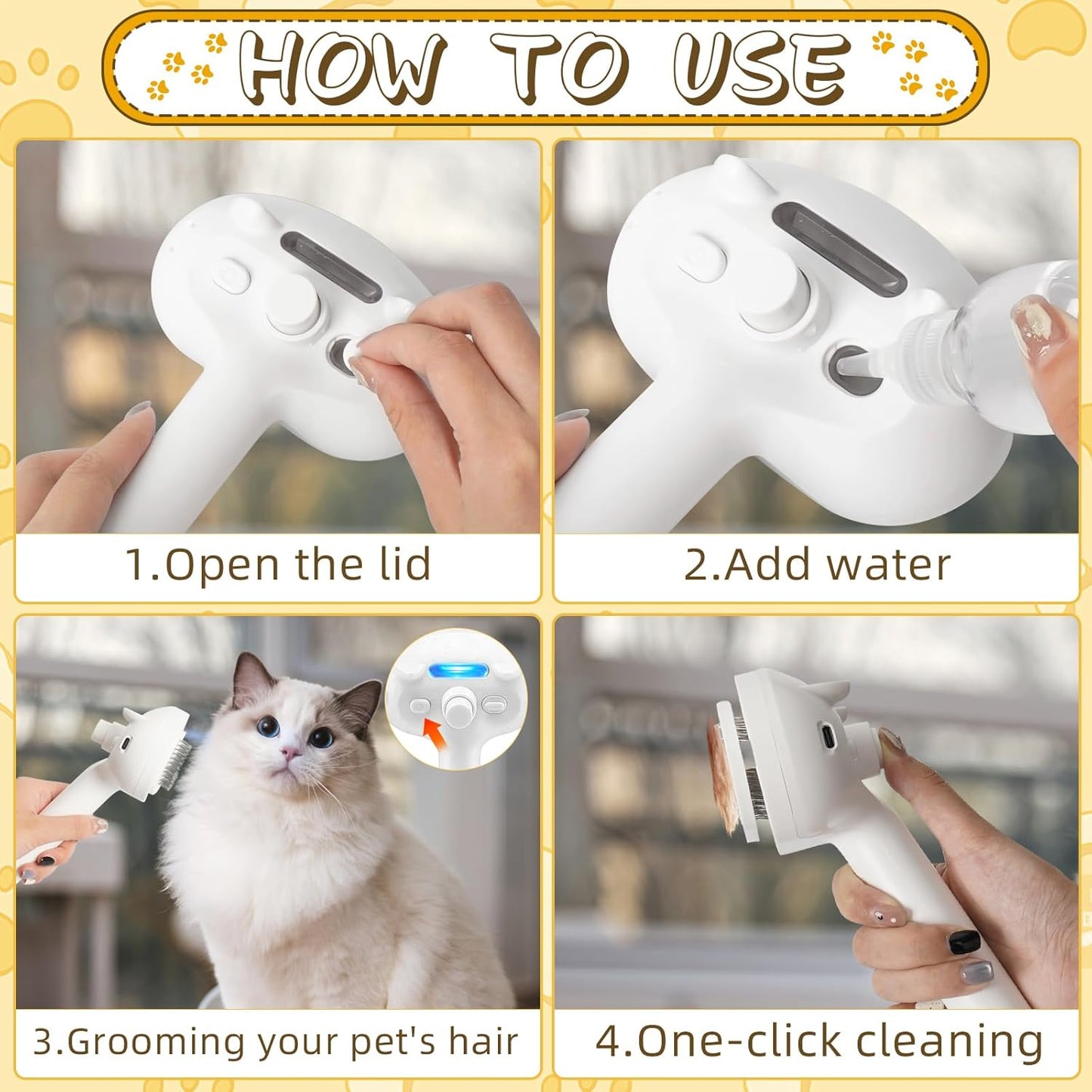 3-in-1 Steam Cat Brush with Spray for Long and Short Hair Cats and Dogs, Featuring Release Button for Loose Fur Removal and Massage