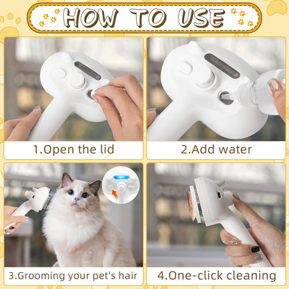 3-in-1 Steam Cat Brush with Spray for Long and Short Hair Cats and Dogs, Featuring Release Button for Loose Fur Removal and Massage