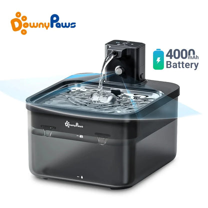 Downypaws 2.5L Automatic Stainless Steel Cat Water Fountain 4000Mah Wireless Pet Drinker Battery & Sensor 2 in 1 Dispenser