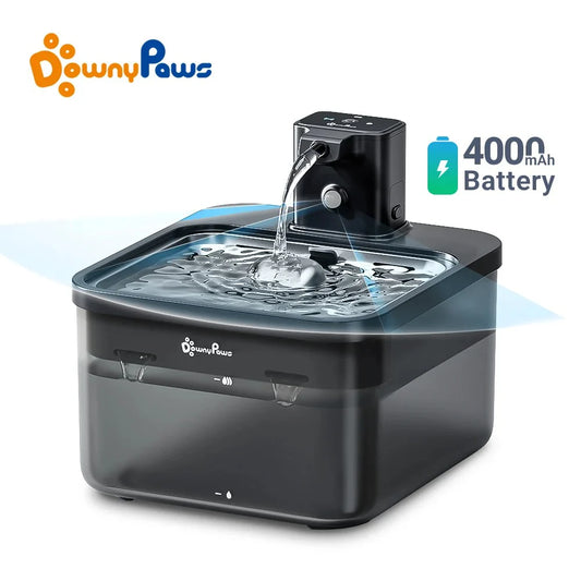 Downypaws 2.5L Automatic Stainless Steel Cat Water Fountain 4000Mah Wireless Pet Drinker Battery & Sensor 2 in 1 Dispenser