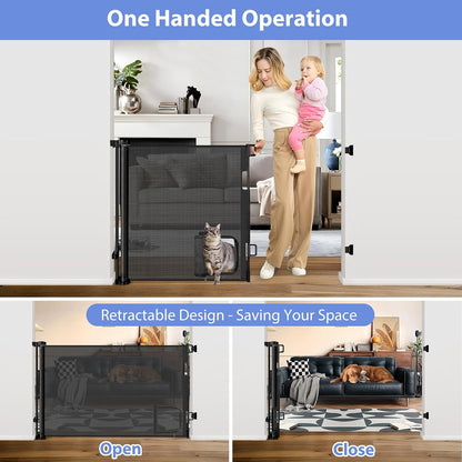 Retractable Baby Gates with Door 55" Wide Retractable Dog Gate with Pet Door Outdoor Retractable Gate for Dogs Mesh Baby Gate Retractable Pet Gate with Cat Door Retractable Child Gates for Doorways