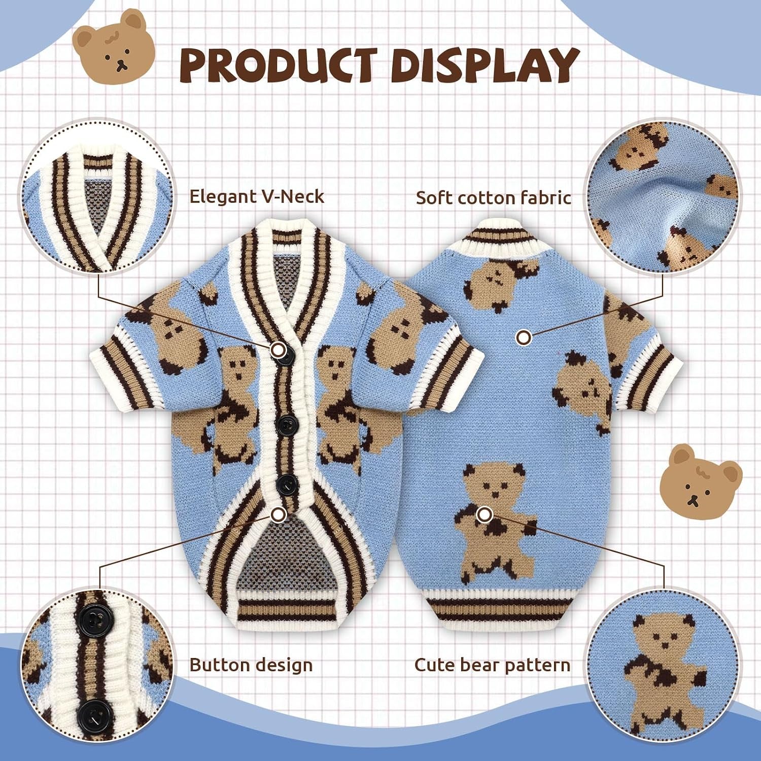 Dog Sweaters Cute Bear Knitted Dog Clothes for Small Medium Dogs Soft Pet Puppy Cat Knitting Outfits Fall Winter Warm Boy Girl Dogs Knitwear Coat Apparel（Blue,Small）