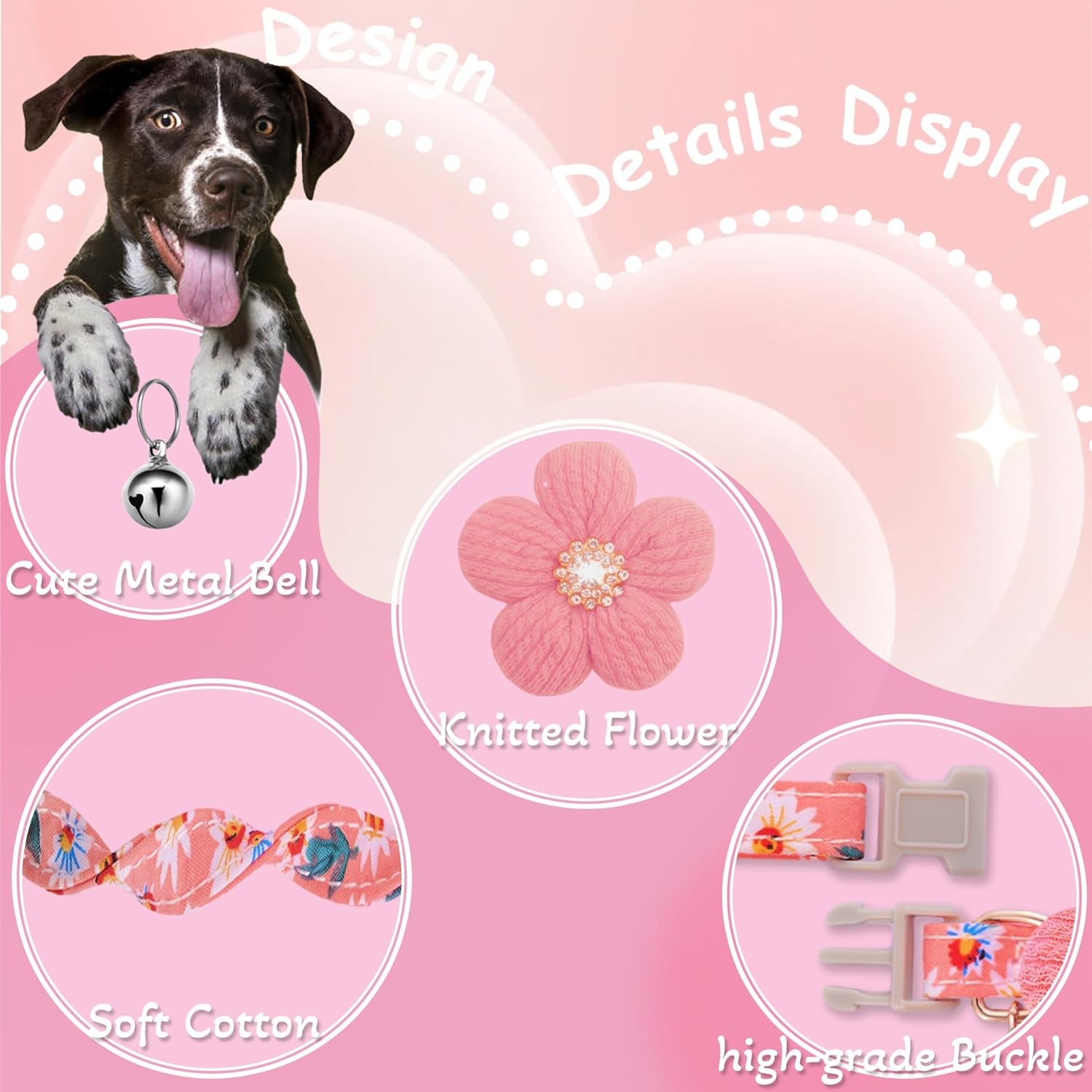 Medium Dog Collar with Flower, Dog Collars for Medium Dogs Collar for Girl Cute Dog Collar with Bell, Adjustable Length