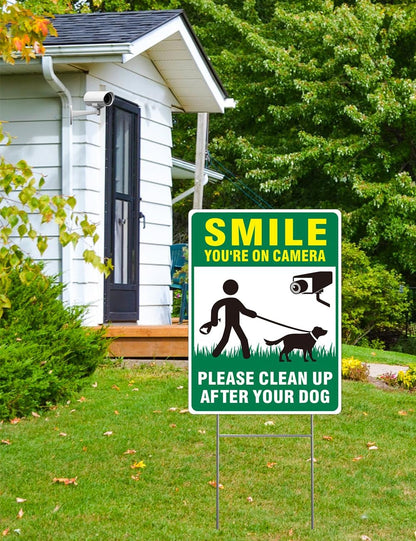 Clean up after Your Dog Signs, 2-Pack 13"X10" Double-Sided Pick up after Your Dog Sign with Metal Stake, Smile Your on Camera Signs, No Dog Poop Signs for Yard
