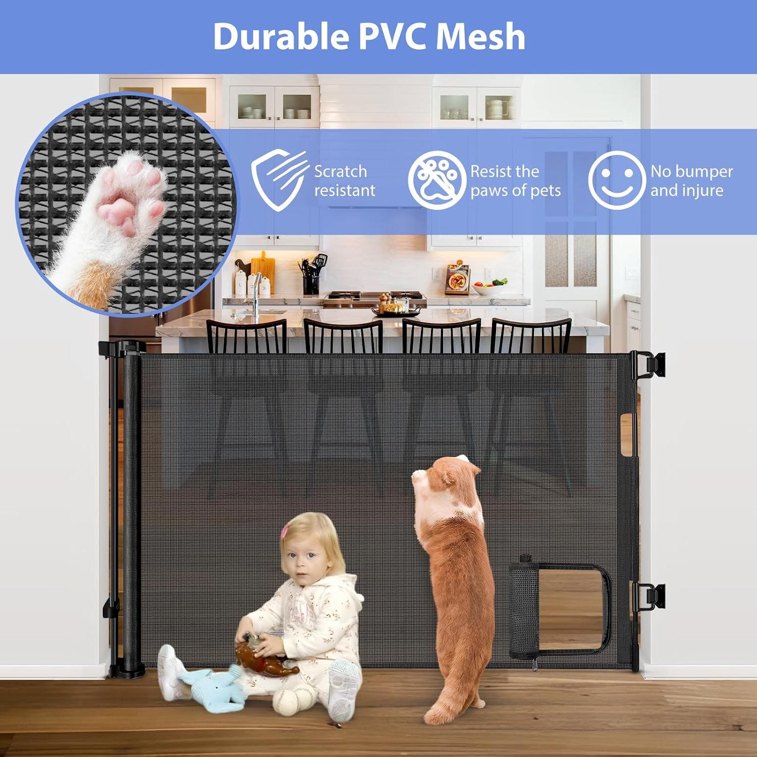 Retractable Baby Gates with Door 55" Wide Retractable Dog Gate with Pet Door Outdoor Retractable Gate for Dogs Mesh Baby Gate Retractable Pet Gate with Cat Door Retractable Child Gates for Doorways