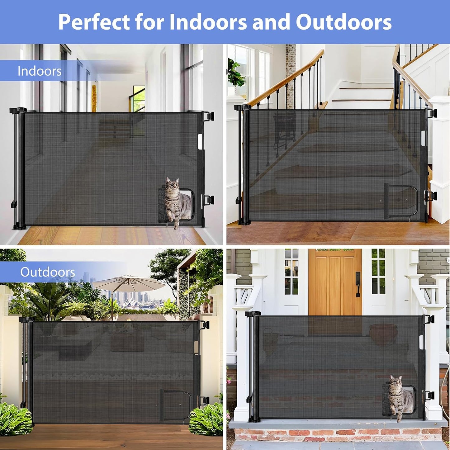 Retractable Baby Gates with Door 55" Wide Retractable Dog Gate with Pet Door Outdoor Retractable Gate for Dogs Mesh Baby Gate Retractable Pet Gate with Cat Door Retractable Child Gates for Doorways