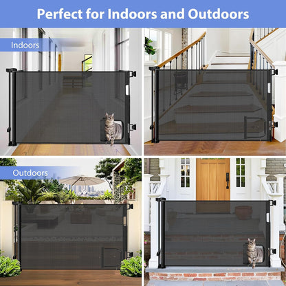Retractable Baby Gates with Door 55" Wide Retractable Dog Gate with Pet Door Outdoor Retractable Gate for Dogs Mesh Baby Gate Retractable Pet Gate with Cat Door Retractable Child Gates for Doorways