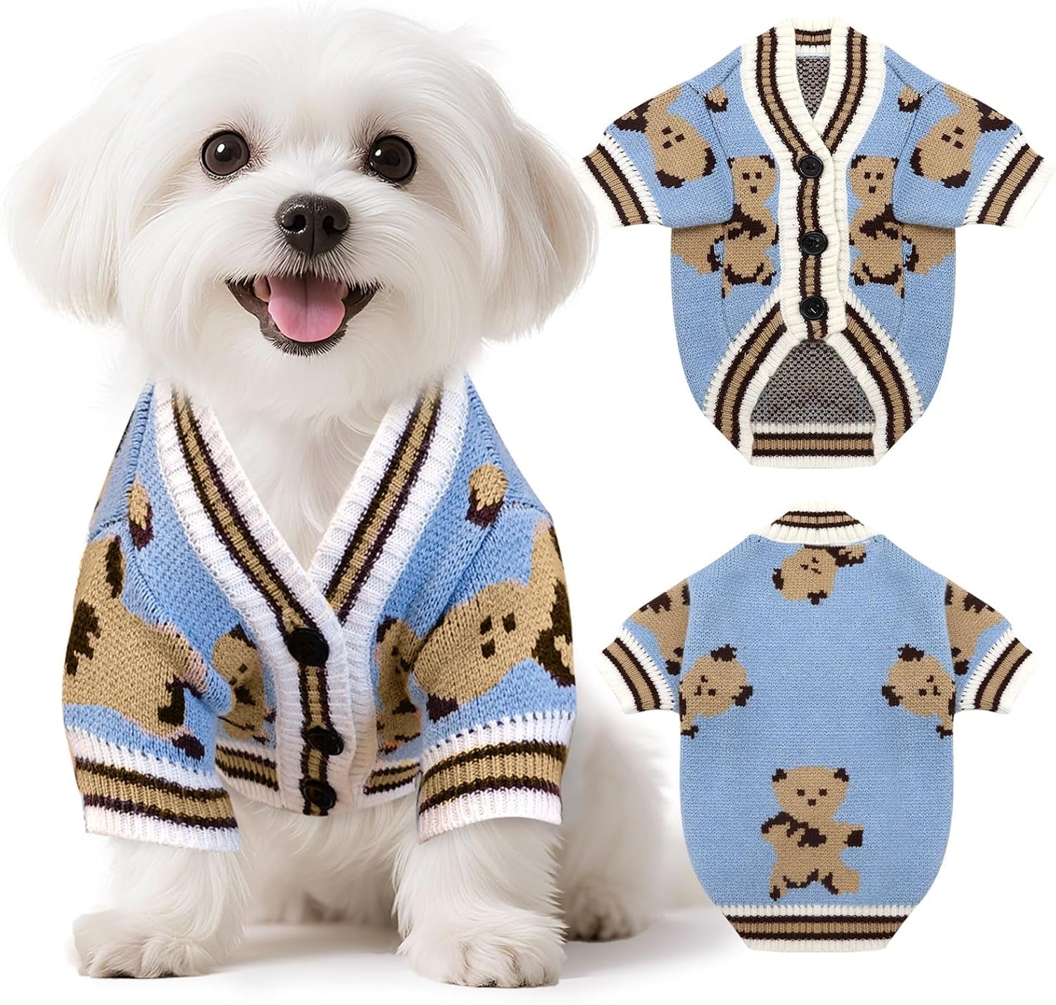 Dog Sweaters Cute Bear Knitted Dog Clothes for Small Medium Dogs Soft Pet Puppy Cat Knitting Outfits Fall Winter Warm Boy Girl Dogs Knitwear Coat Apparel（Blue,Small）