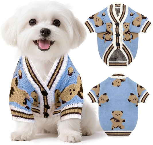 Dog Sweaters Cute Bear Knitted Dog Clothes for Small Medium Dogs Soft Pet Puppy Cat Knitting Outfits Fall Winter Warm Boy Girl Dogs Knitwear Coat Apparel（Blue,Small）