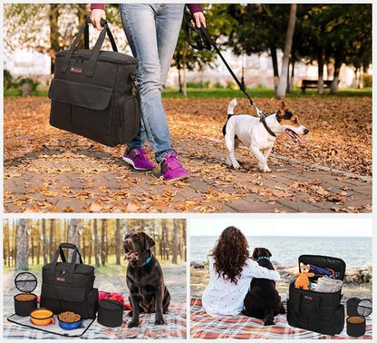 Dog Travel Bag by - for a Weekend Away Set Includes Pet Travel Organizer for Accessories, 2 Collapsible Bowls, 2 Food Container (Black)