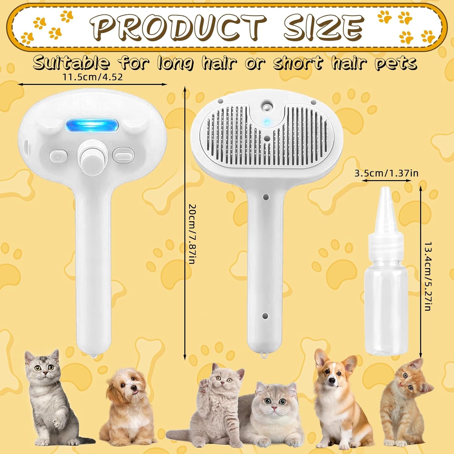 3-in-1 Steam Cat Brush with Spray for Long and Short Hair Cats and Dogs, Featuring Release Button for Loose Fur Removal and Massage