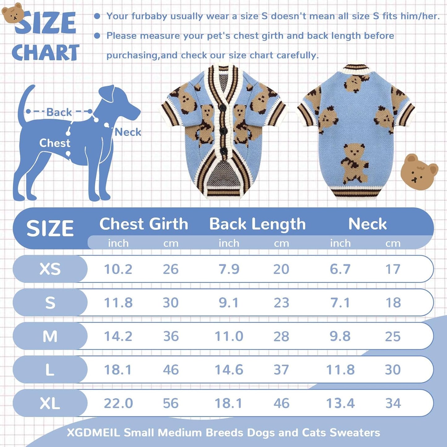 Dog Sweaters Cute Bear Knitted Dog Clothes for Small Medium Dogs Soft Pet Puppy Cat Knitting Outfits Fall Winter Warm Boy Girl Dogs Knitwear Coat Apparel（Blue,Small）