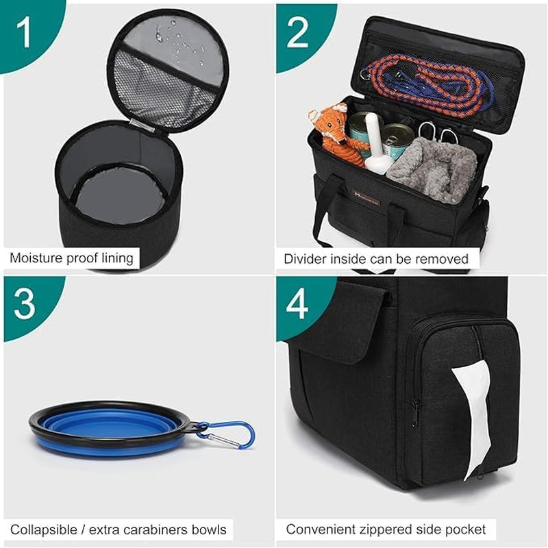 Dog Travel Bag by - for a Weekend Away Set Includes Pet Travel Organizer for Accessories, 2 Collapsible Bowls, 2 Food Container (Black)