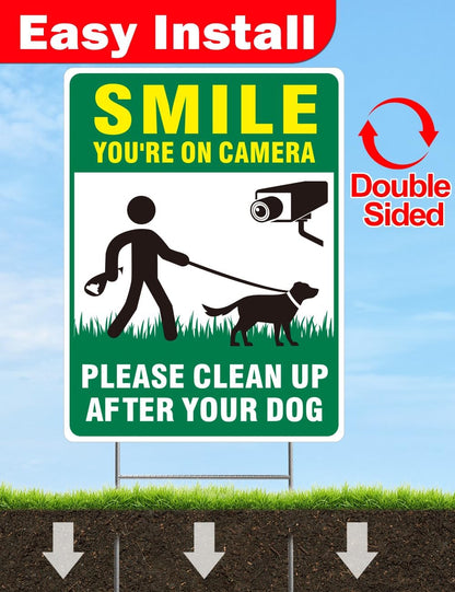 Clean up after Your Dog Signs, 2-Pack 13"X10" Double-Sided Pick up after Your Dog Sign with Metal Stake, Smile Your on Camera Signs, No Dog Poop Signs for Yard