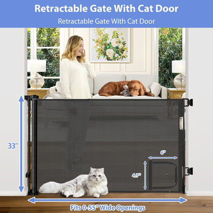 Retractable Baby Gates with Door 55" Wide Retractable Dog Gate with Pet Door Outdoor Retractable Gate for Dogs Mesh Baby Gate Retractable Pet Gate with Cat Door Retractable Child Gates for Doorways