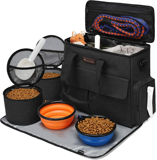 Dog Travel Bag by - for a Weekend Away Set Includes Pet Travel Organizer for Accessories, 2 Collapsible Bowls, 2 Food Container (Black)