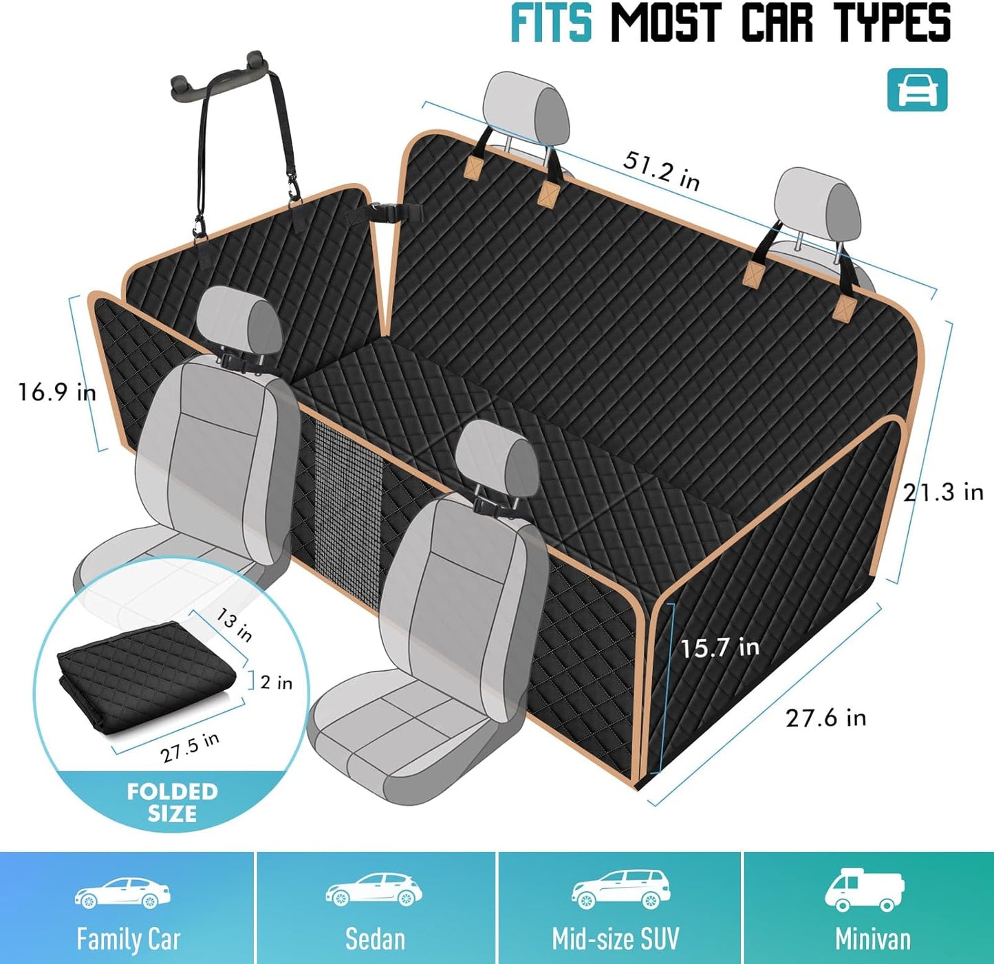 Dog Car Seat Cover with Hard Bottom, Dog Back Seat Extender for Dogs, Hard Bottom Dog Hammock for Car, SUV (Black, XXL)