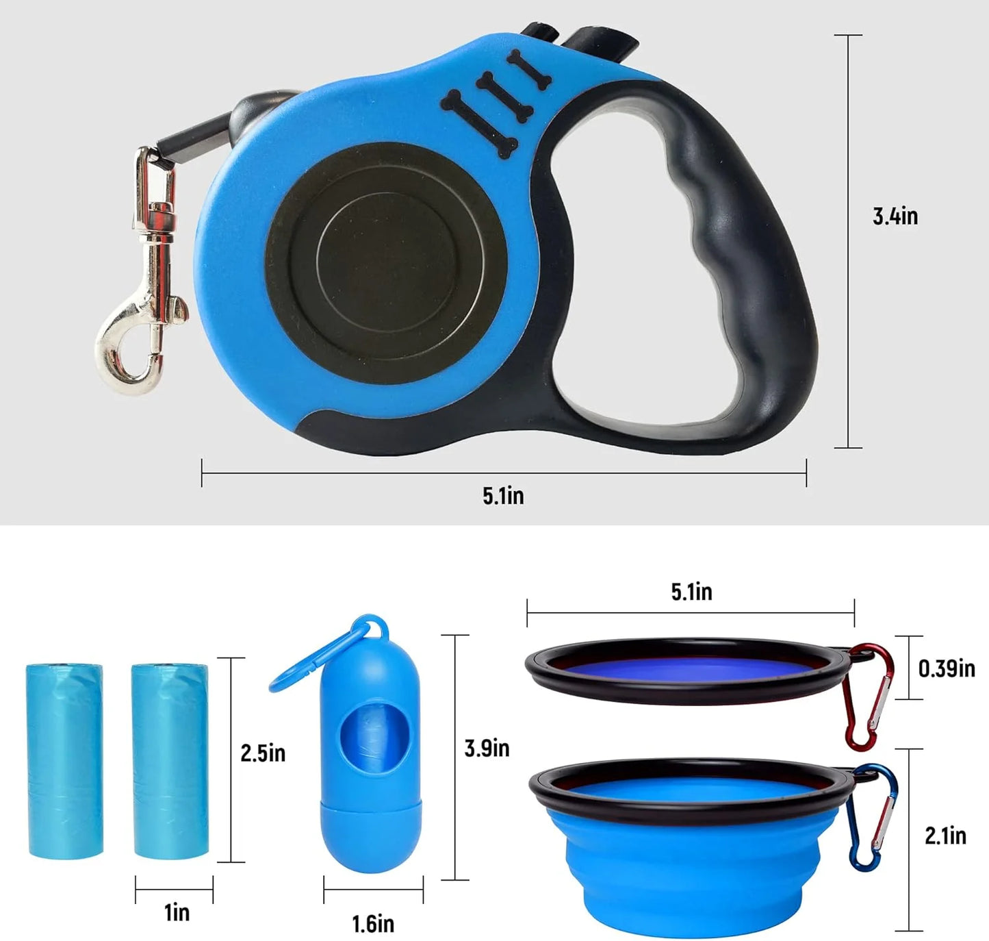 Dog Leash Automatic Telescopic Tractor Dog Tape, Pet Tape 10/16 FT Durable and Convenient, with Folding Bowl, Dispenser, Rubbish Bags, Suitable for Small and Medium Dogs