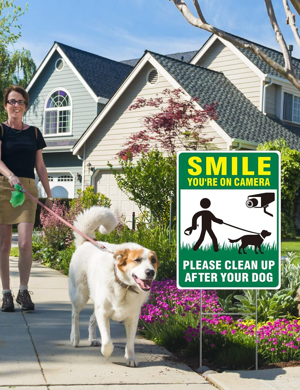 Clean up after Your Dog Signs, 2-Pack 13"X10" Double-Sided Pick up after Your Dog Sign with Metal Stake, Smile Your on Camera Signs, No Dog Poop Signs for Yard