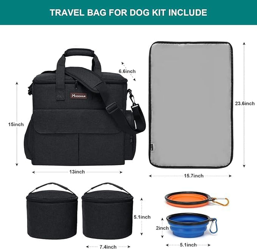 Dog Travel Bag by - for a Weekend Away Set Includes Pet Travel Organizer for Accessories, 2 Collapsible Bowls, 2 Food Container (Black)