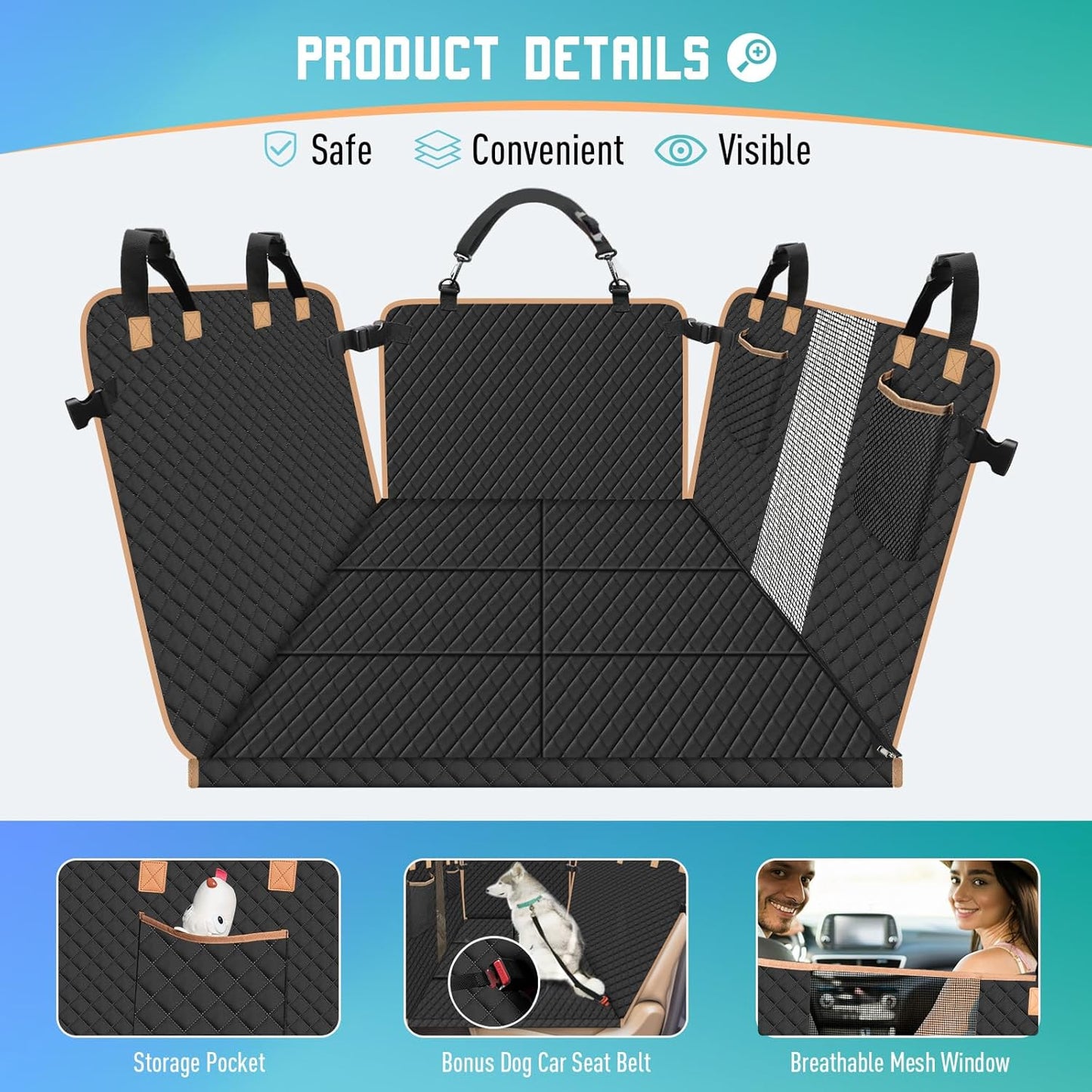 Dog Car Seat Cover with Hard Bottom, Dog Back Seat Extender for Dogs, Hard Bottom Dog Hammock for Car, SUV (Black, XXL)