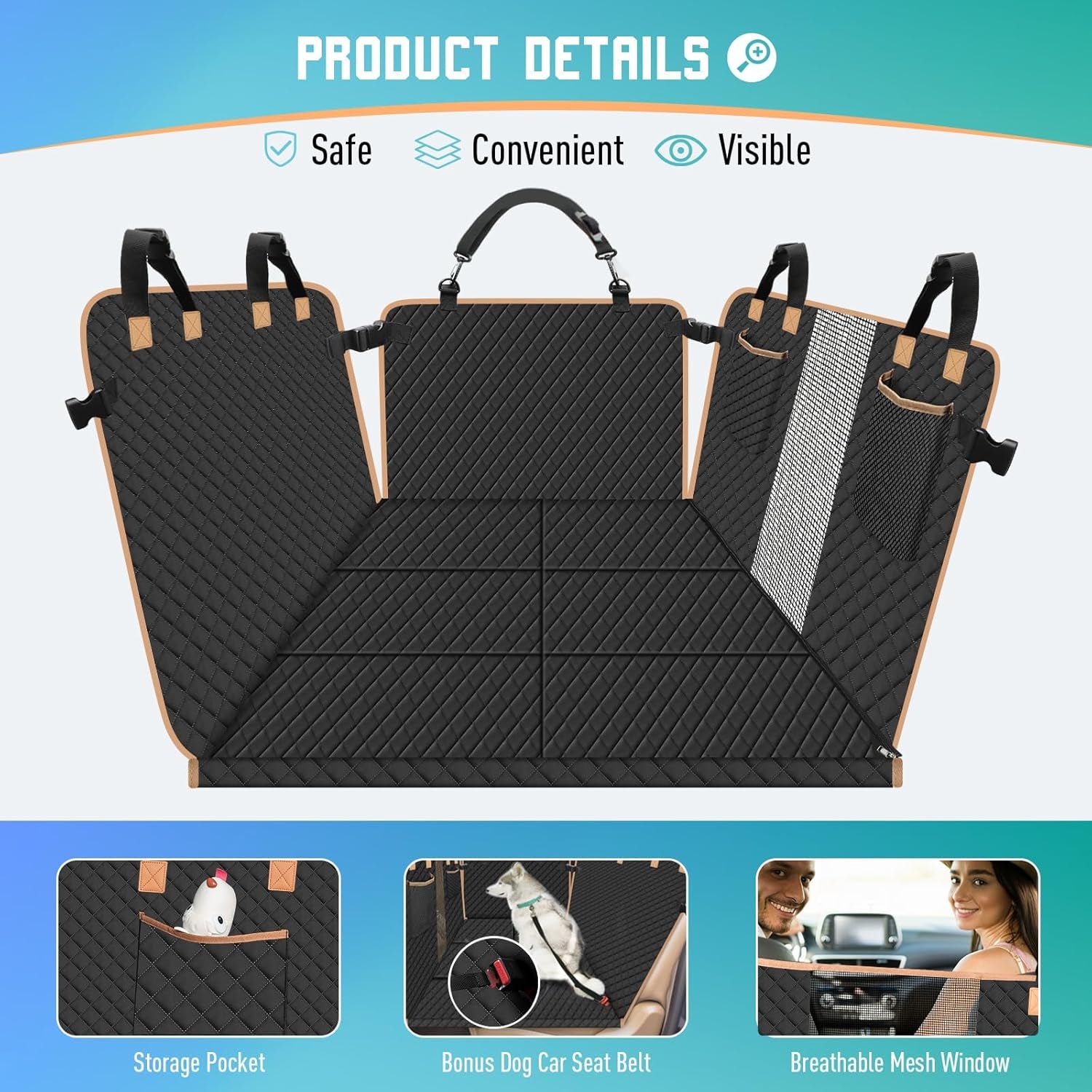 Dog Car Seat Cover with Hard Bottom, Dog Back Seat Extender for Dogs, Hard Bottom Dog Hammock for Car, SUV (Black, XXL)